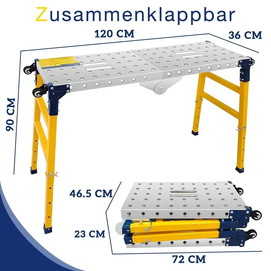Plataforma de trabajo de chapa galvanizada, altura regulable, 120 x 36 x 90 cm, plataforma de trabajo plegable, capacidad de carga 500 kg, plataforma rodante