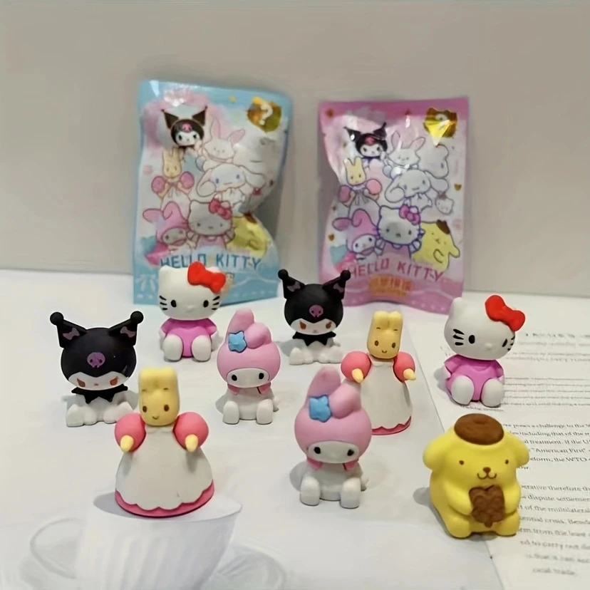 32 pcs/box Hello Kitty My Melody Kuromi Cinnamon Pencil Eraser Kawaii Eraser Anime Soft Action Doll Toy Stationery Blind Box Era