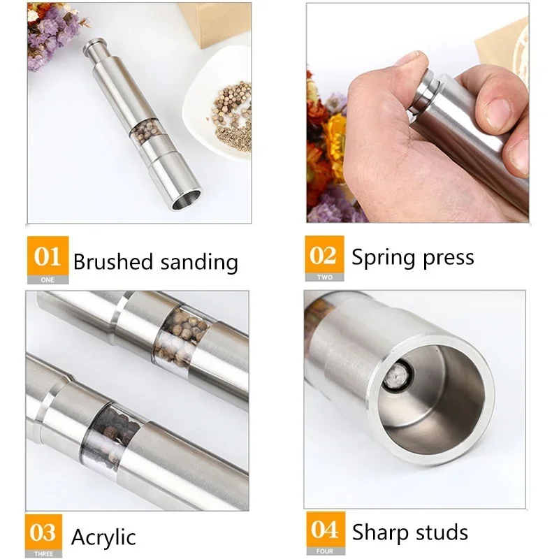 Novel Thumb Push Pepper Mill Portable Salt Mill Manual Pepper Mill Salt Shake Stainless Steel Spice Mill Barbecue Kitchen