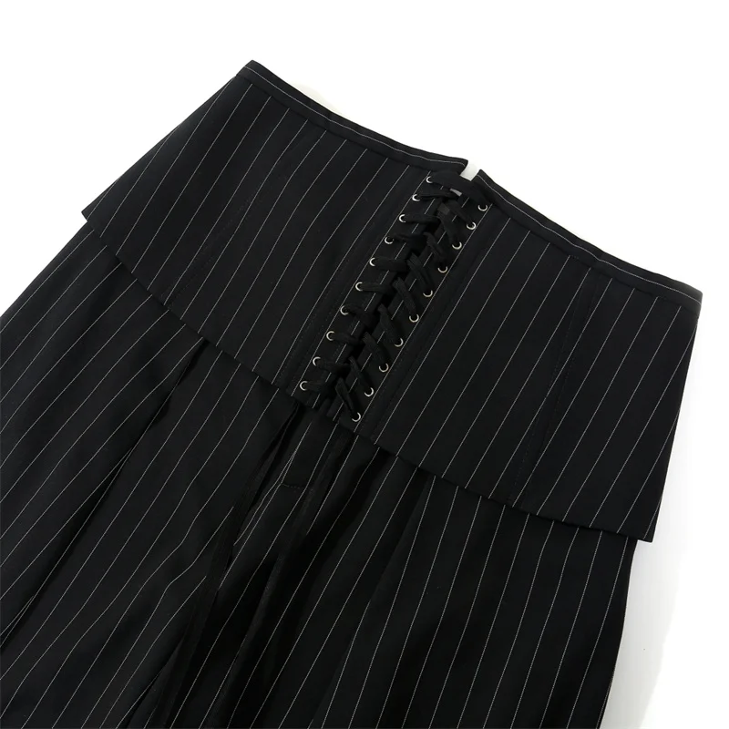 Pantalones de mujer nuevos pantalones de pierna recta de cintura alta para otoño 2025, pantalones de traje a rayas de mezcla de lana, pantalones ajustados con cordones de espina de pescado