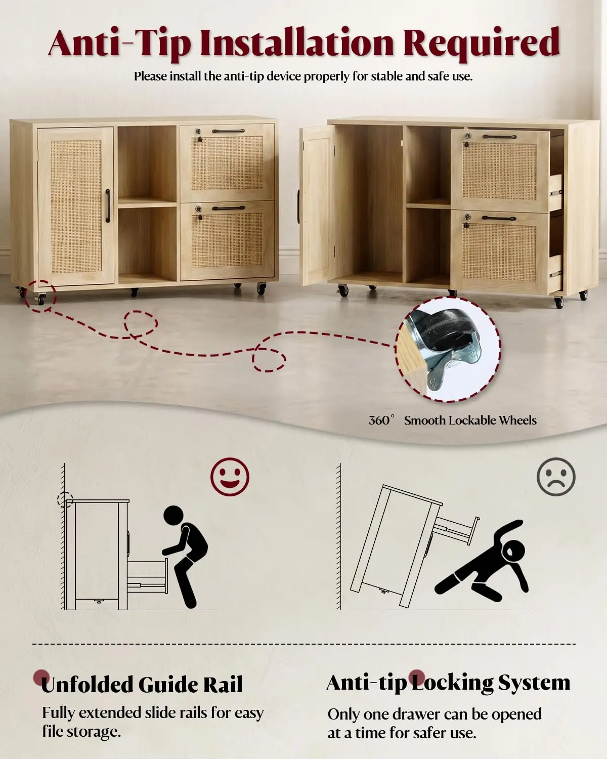 Small 2 Drawer File Cabinet with Lock, Rattan Storage Organizer for Home Office, Customized