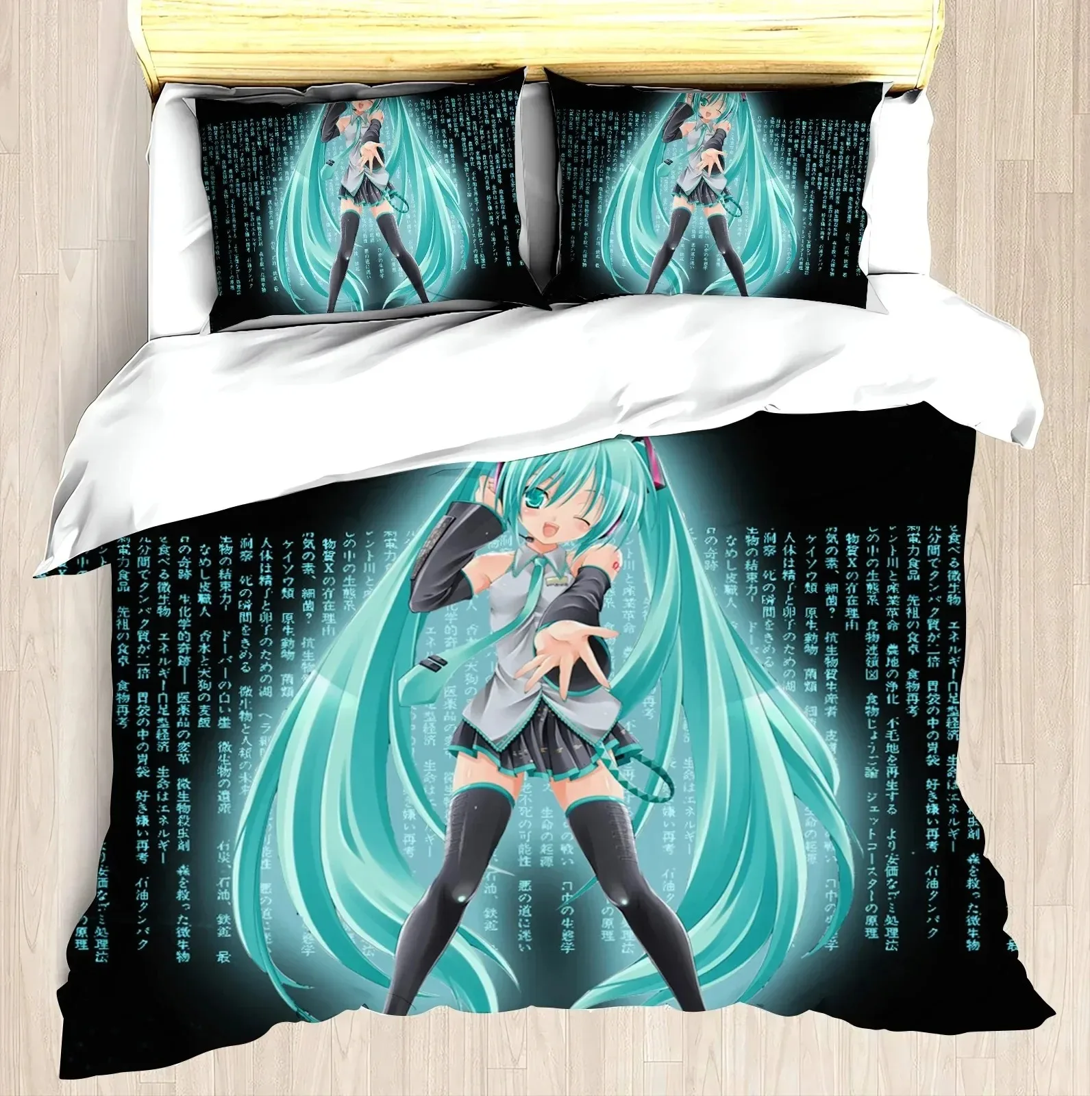 アニメ初音ミクグッズ　かわいい漫画風寝具　クリエイティブでカワイイ女の子向けベッドシーツ、掛け布団カバー、枕カバー　ギフト
