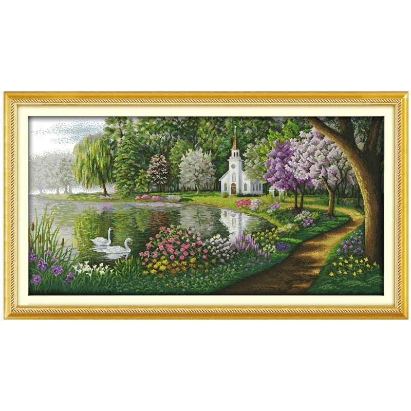 Green Lake Reflected Color Patterns Counted Cross Stitch Set 11CT 14CT 16CT Stamped DMC Cross-stitch Kit Embroidery Needlework