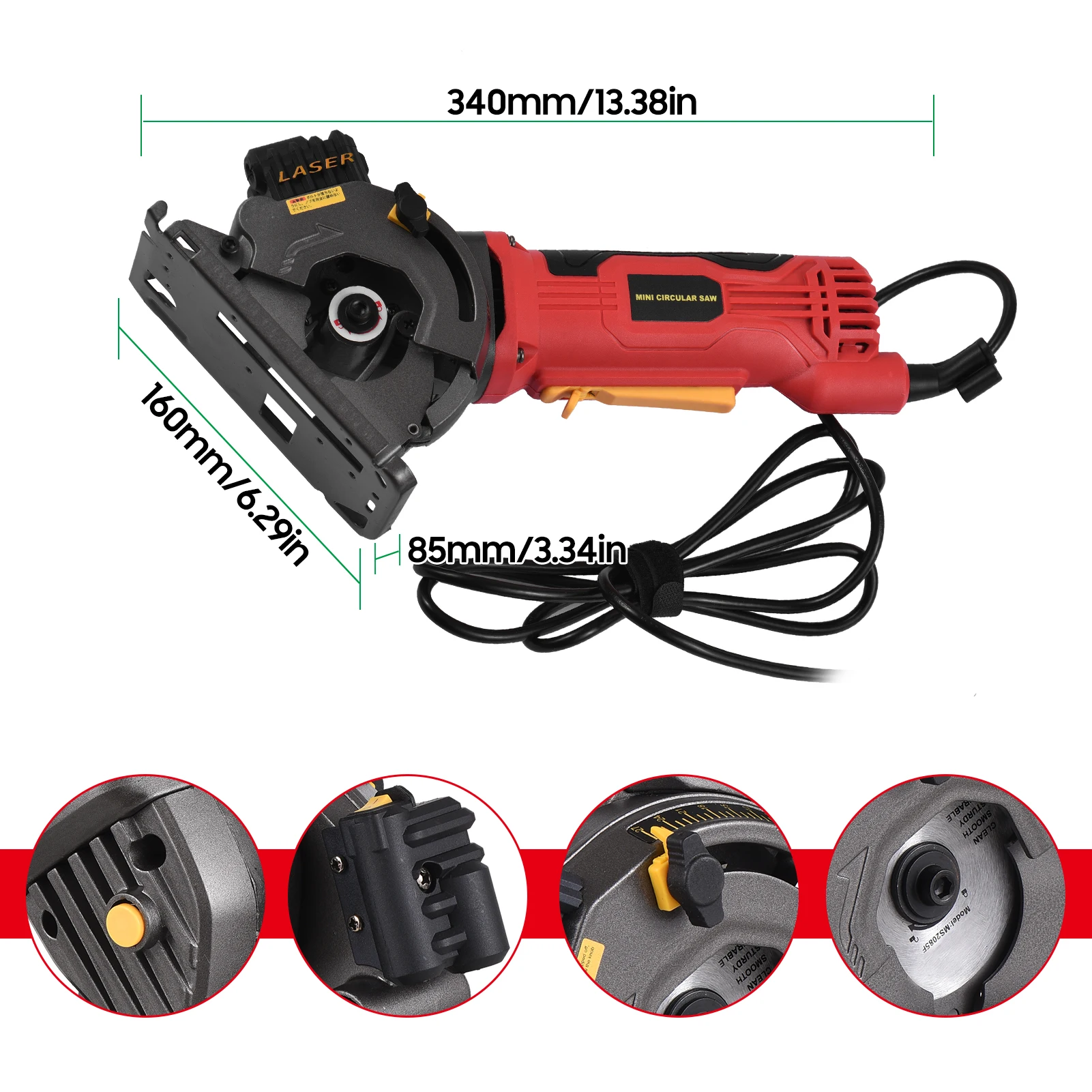 580W Mini Circular Saw Corded Electric Compact Circular Saw with Laser Guide Scale Ruler Vacuum Port 3 Blades for Cutting Wood