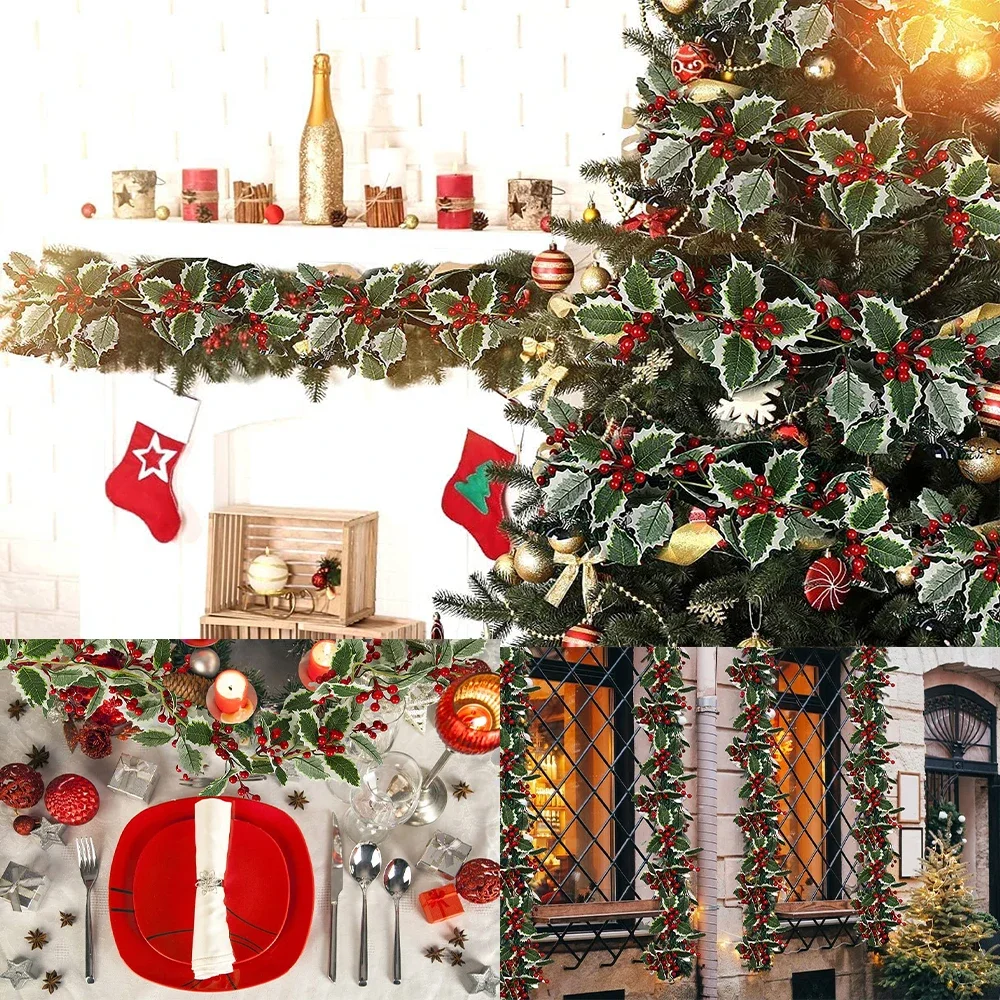 Weihnachtsdekoration, Girlande, 39 Zoll, künstliche Weihnachtsstern, Blumen, rote Beere, Stechpalme, Girlande, Ranken für Weihnachtsbaum, Neujahr, Party-Dekoration – Detail 1