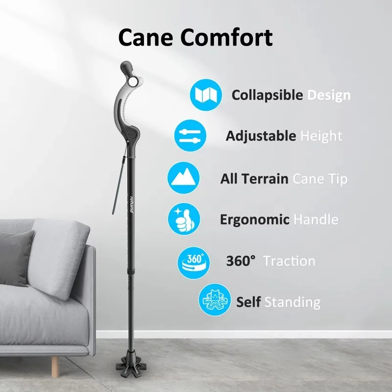 Aluminum Ergonomic Standing Posture Cane with Comfortable Grip Wide Tip Foldable Spine Protection