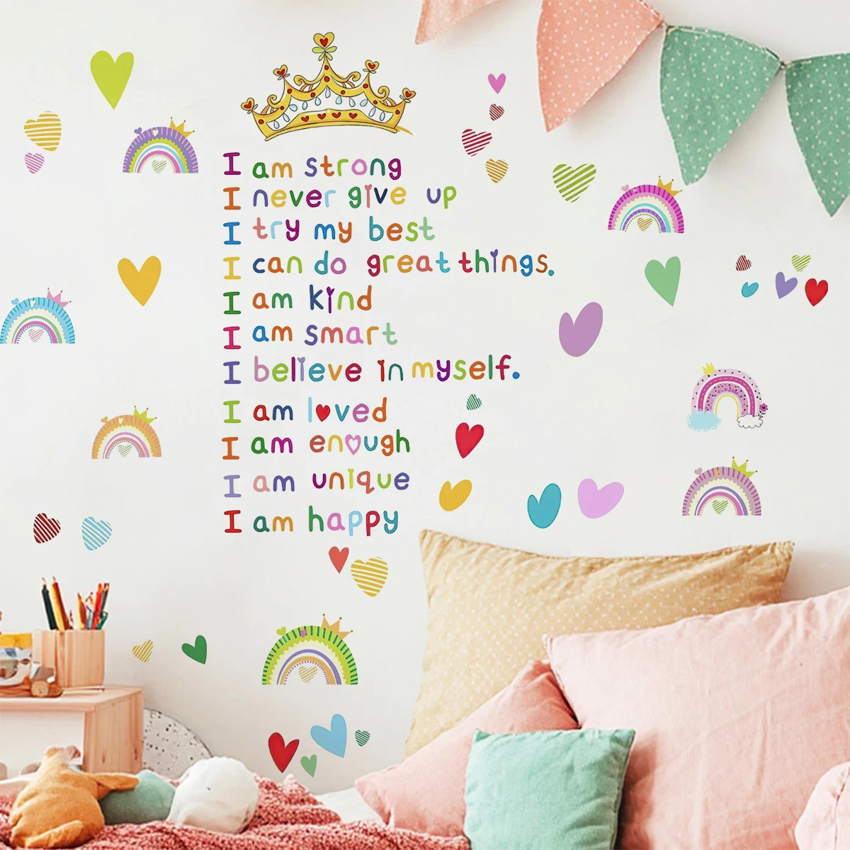 Cartoon I Am... Crown Rainbow Heart Encourage Wall Sticker Child Room Vinyl Wall Art Decal Kids Room Bedroom Living Home
