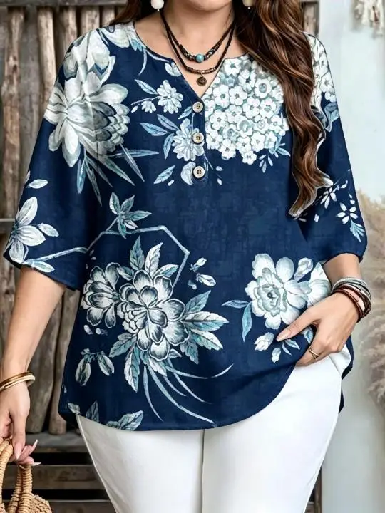 Women Chinese Style Watercolor Peony Floral All‑Over Print Blouse For Curvy Figures Notched Neck 3/4 Sleeve Loose Casual Tops