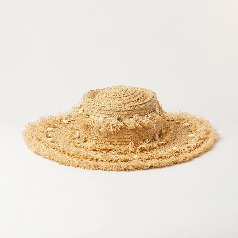 100% Natural Raffia Straw Pork Pie Hat With  Artificial Diamonds and Conches Wide Brim Women Summer Straw Hat