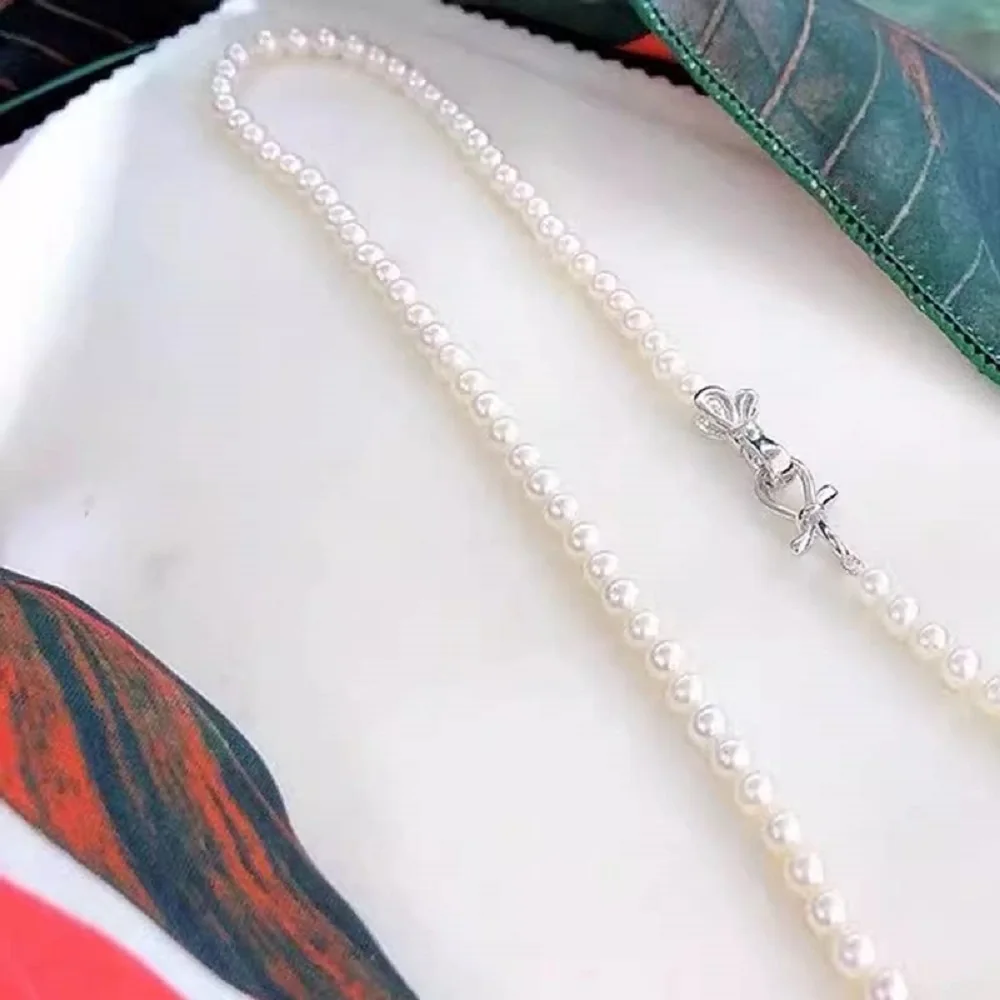 S925 sterling silver smooth bow button AAAA 8-9mm natural pearl necklace 18 in