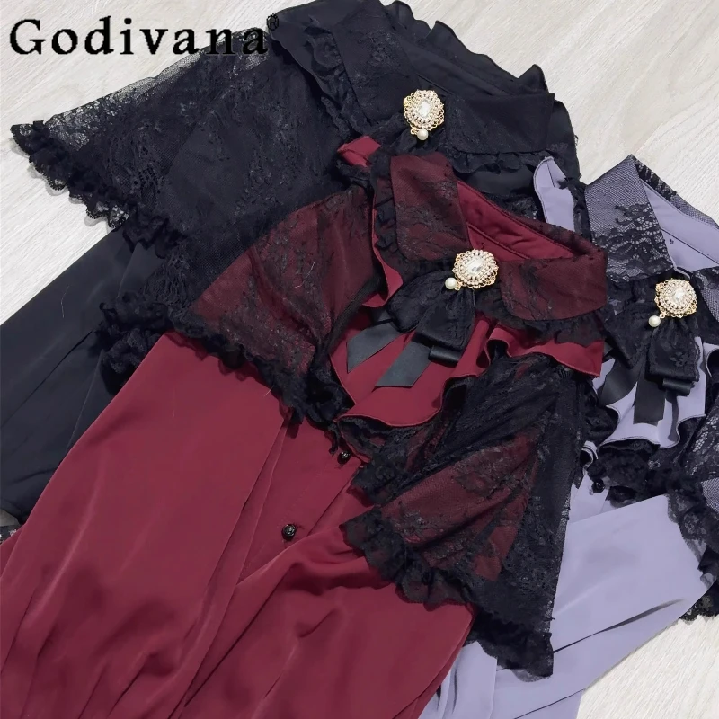 

2025 Spring New Women's Mine Series Shirt Blouses Women's Japanese Sweet Cute Bow Lace Cape Long Sleeve Lolita Burgundy Top