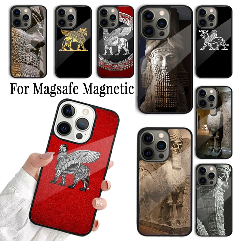 Phone Case For iPhone 16 15 14 13 12 Mini 11 Pro Max Plus Magsafe Magnetic Wireless Charging Cover Lamassu Assyrian Winged Lion