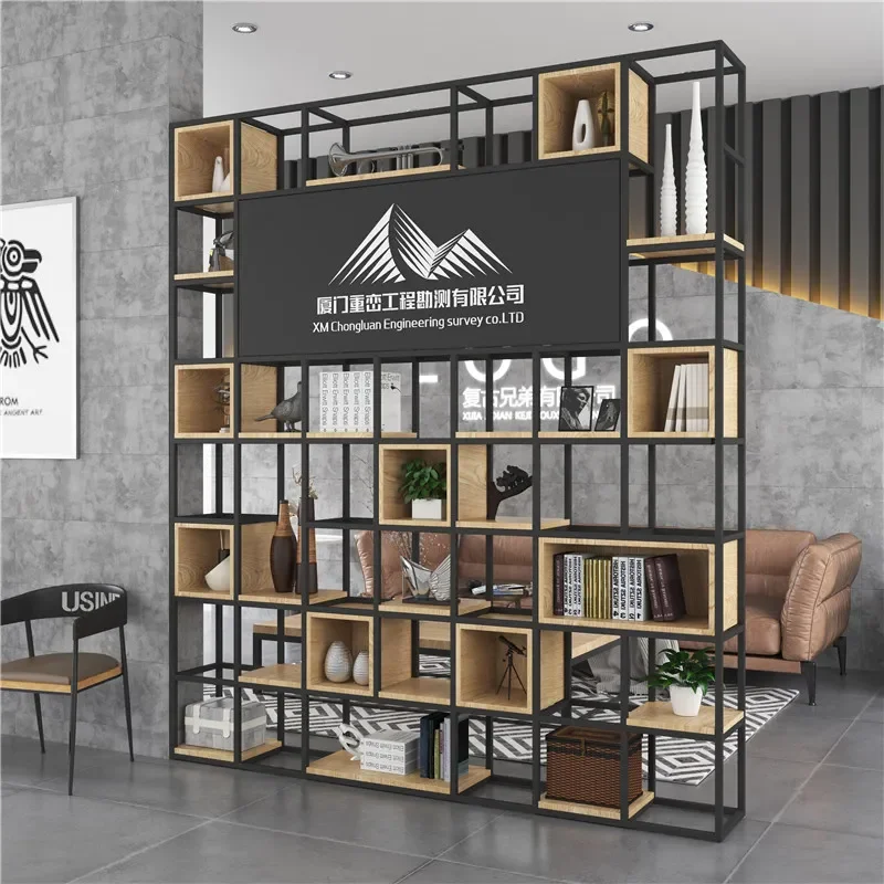 for Wrought Iron Screen Partition Storage Rack for Living Room Entrance Office Front Desk Decoration Cabinet Company LOGO