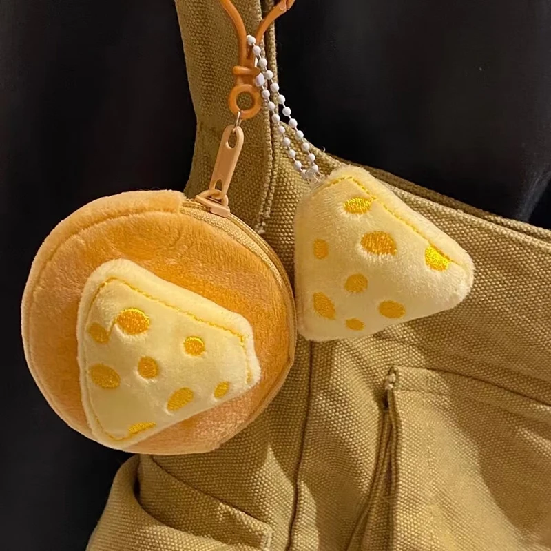 Cute Cartoon Plush Cheese Coin Purse Mini Earphone Organizer Keychain Coin Wallet Student Backpack Hanging Gift