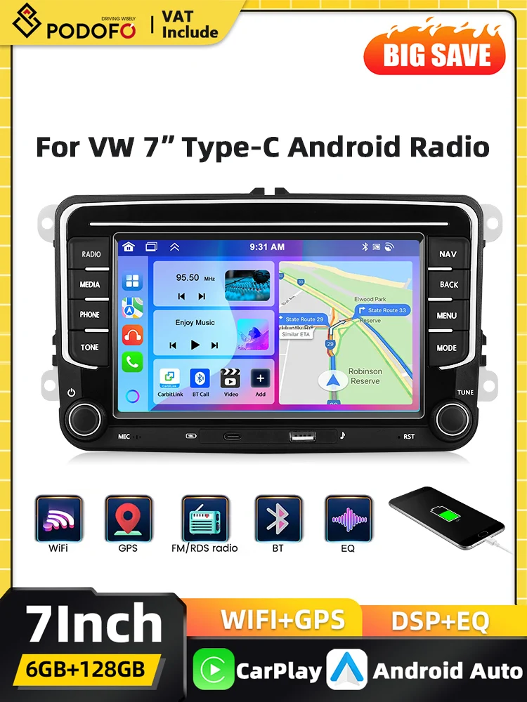 Podofo 6+128G Android 2Din Autoradio für VW Volkswagen Seat Skoda POLO BORA GOLF PASSAT Carplay GPS Navigation FM RDS AI Sprachsteuerung