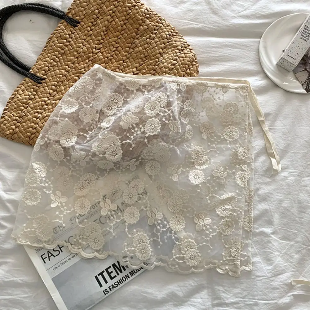 All-Match Sweet Lace Half Skirt Y2K Hight Waist Gauze Skirt Flower Embroidery Lace-up Outwear Mini Skirt Female