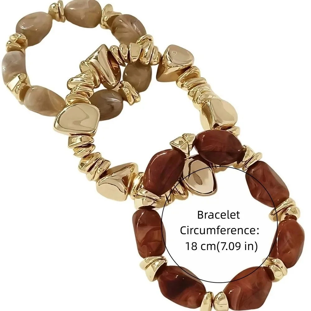 3 pcs/set Adjustable Resin Stackable Bracelets Multi-Layered Acrylic Stretch Hand Chain Brown Marble Gold Metal