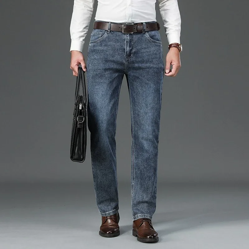 Heren herfst rechte jeans nieuwe modieuze slanke zakelijke broek klassieke effen kleur merk mannelijke kleding denim broek