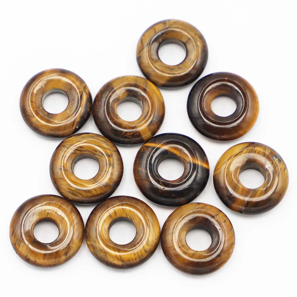 18mm Natural Stone Gogo Donut Big Hole Flat Beads Charms Pendant Tiger Eye Safety Buckle  for Jewelry Making 12pcs Free Shipping