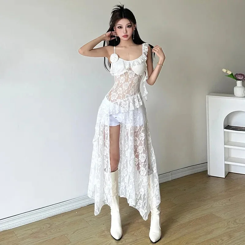 ชุดสตรีลูกไม้Patchwork SHEER Camisชุดภาษาฝรั่งเศสคําไม่สม่ําเสมอเซ็กซี่ชุดแฟชั่นStreetwear Hollow OUT Rufflesชุด 2025 ใหม่