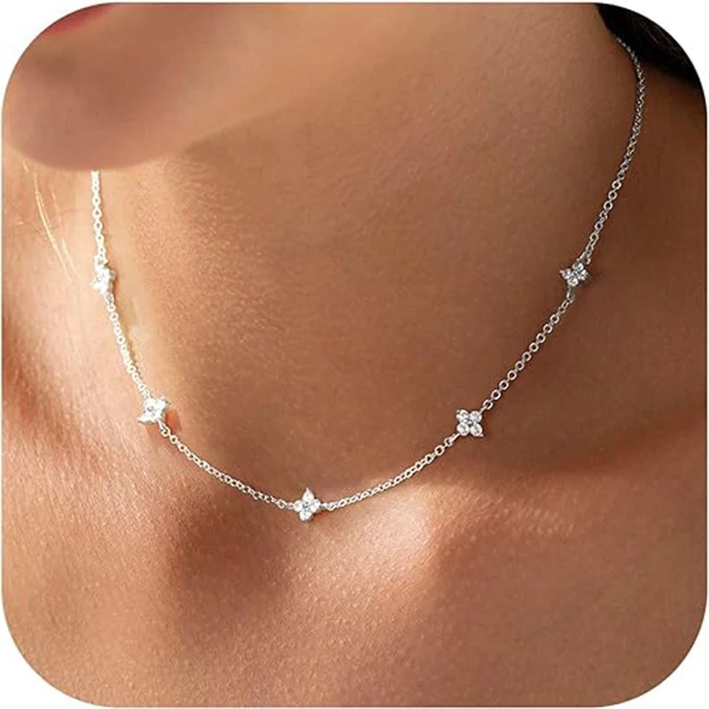 925er Silber vergoldete vierblättrige Blumen-Zirkon-Kettenhalskette für Damen, luxuriöse Kragen-Charm-Kleeblatt-Halsketten, 2025, Trend-Schmuck