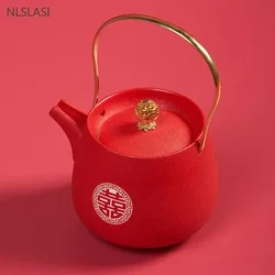 1pc Red Handmade Ceramic Teapot Chinese Tea Pot Beauty Kettle  Wedding Supplies Household Tea Ceremony Customized Gifts 250ml