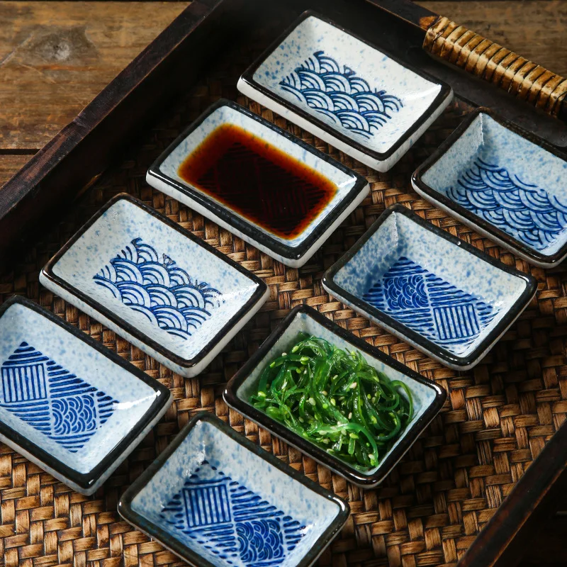 Japanese wave seasoning dish Commercial ceramic tableware household dipping dish Rectangular dish hot pot dipping sauce wasabi