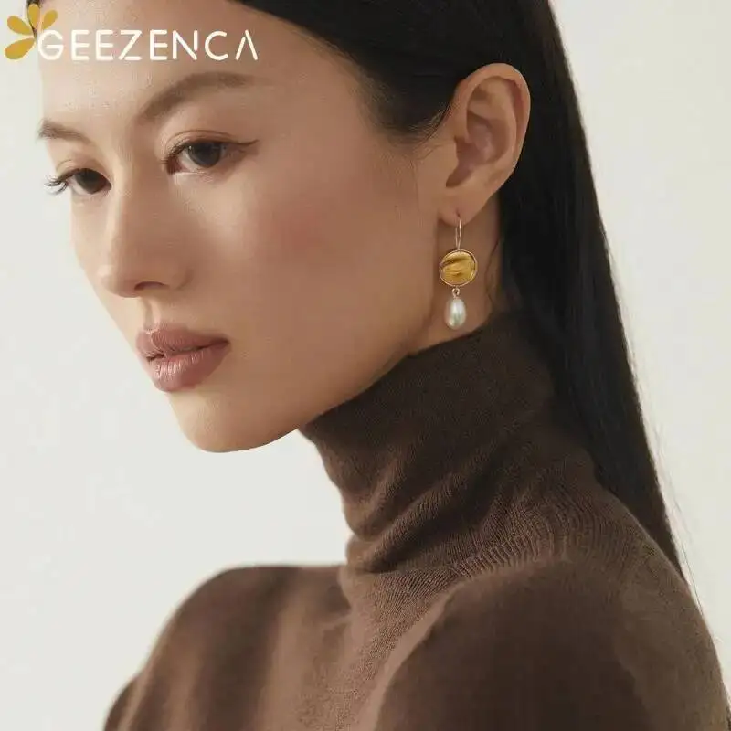 GEEZENCA 925 Silver Two Tone Natural Pearl Dangle Earrings for Women Buddha Statues Bodhisattva Eye Unique Chic Earring New Gift
