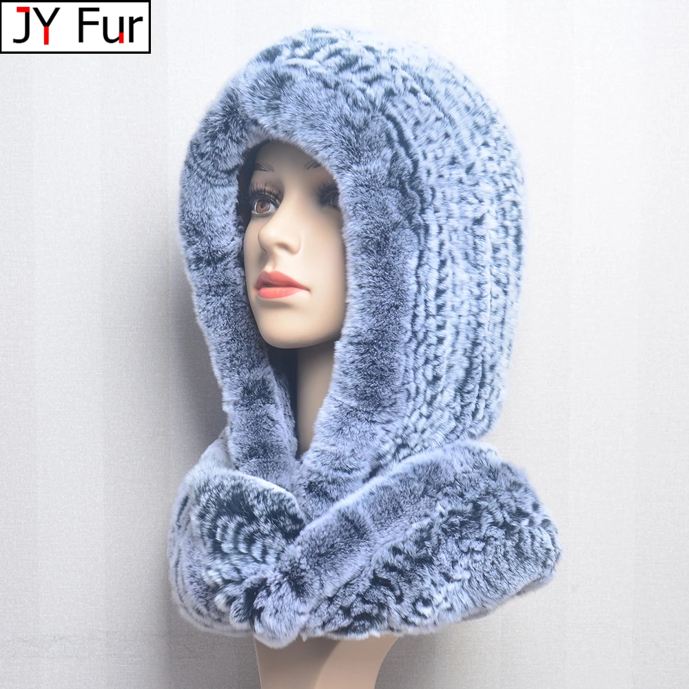 

Women Knitted Real Rex Rabbit Fur Hat Hooded Scarf Winter Hats for Woman Fall Cap Warm Natural Fur Hat with Neck Scarves Bonnets