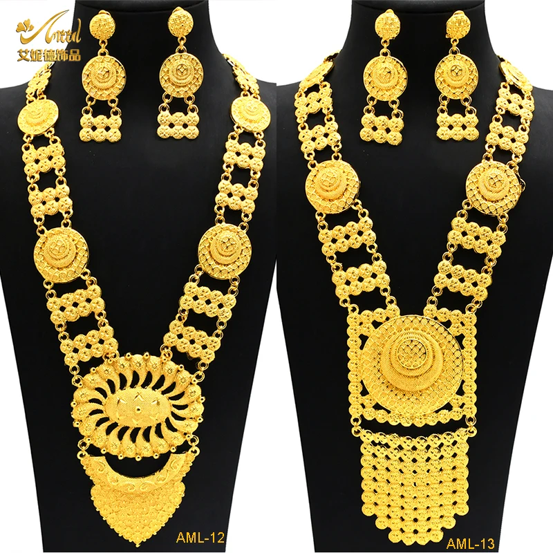 

Dubai Indian Necklace Earrings Big Pendant Jewelry Set Gold Color For Women Nigeria African Bridal Wedding Party Jewellery Gifts