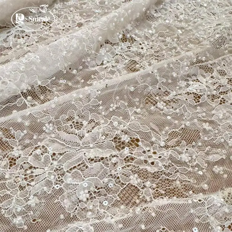 3 Yards. Hochwertige Perlen, Glitzernde Pailletten, Braut-Hochzeitsstoff-Spitze. Luxuriöse Abendkleid-Spitze mit französischer Stickerei. – Detail 3