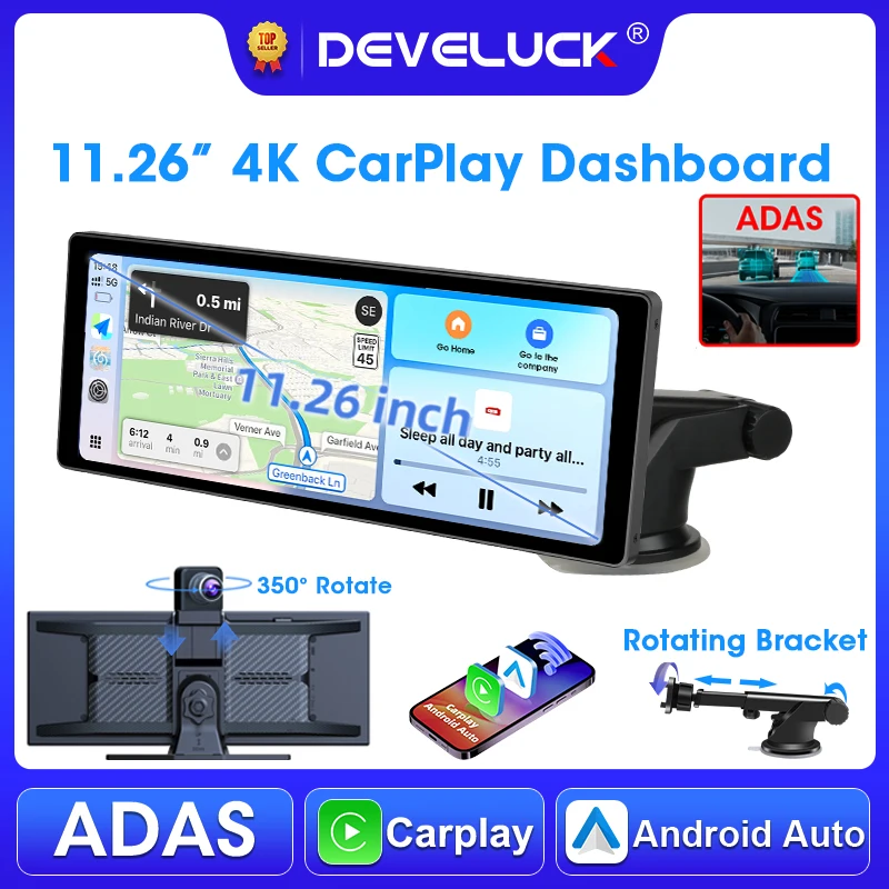 

Develuck 11.26" ADAS Car DVR 4K Dash cam 350° Rotatable 2160P Front Camera Carplay Android Auto Registrar With Rotating Bracket