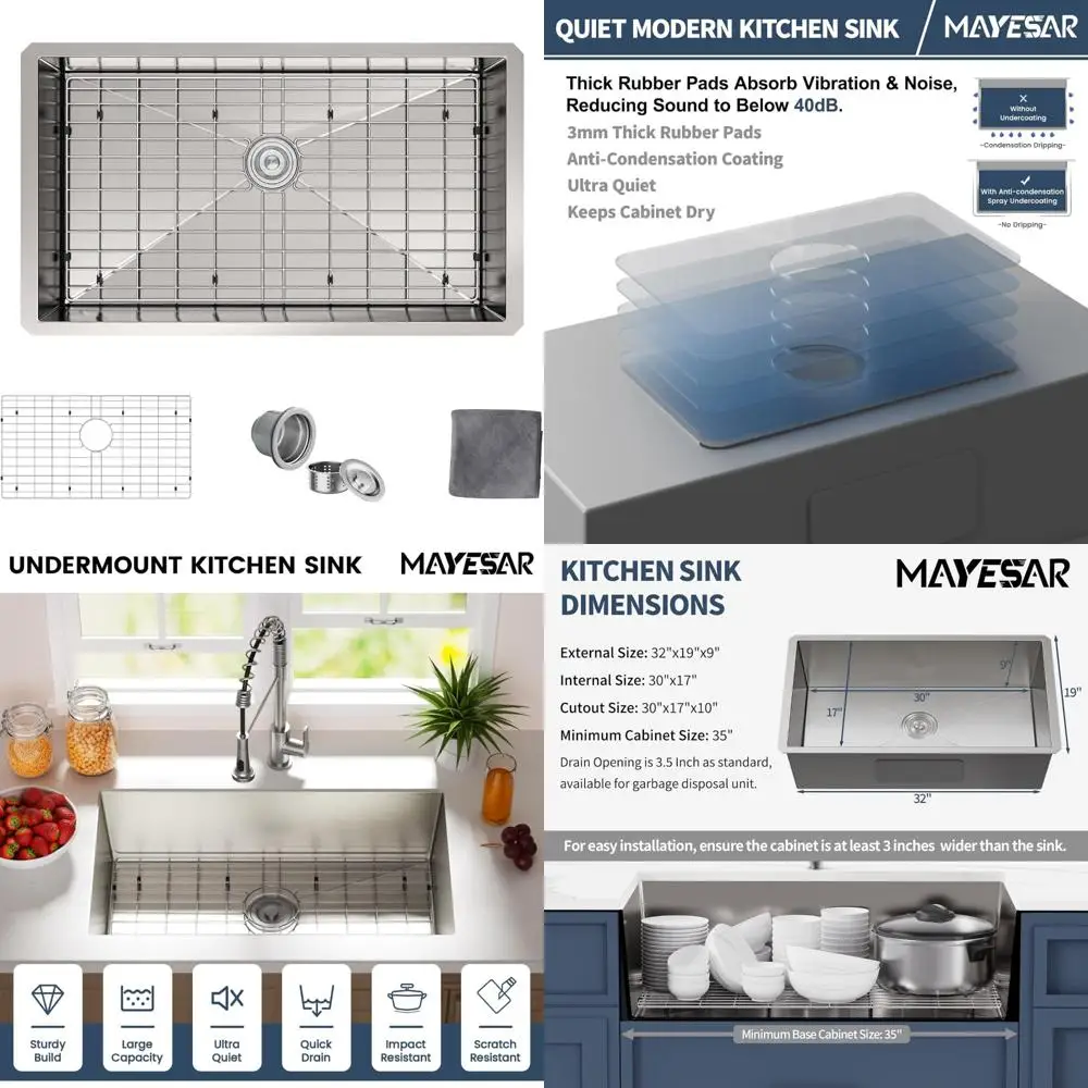 

Stainless Steel 32 Inch Single Bowl Kitchen Sink, 16 Gauge, 9 Deep, Handmade, Brushed Finish, Undermount Design