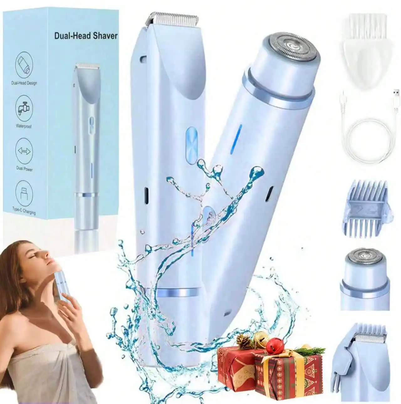 Depiladora y Recortadora Eléctrica 2 en 1 para Mujer, Recargable Tipo-C, Portátil, para Rostro, Línea del Bikini, Axilas y Piernas