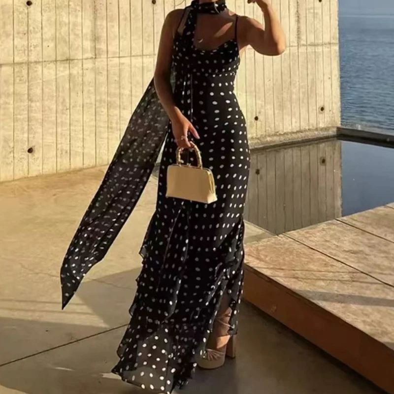 

Elegant Polka Dot Print Ruffle Long Dress Summer Hollow Sleeveless Women Suspender Dress New Temperament Scarf Slim Party Dress