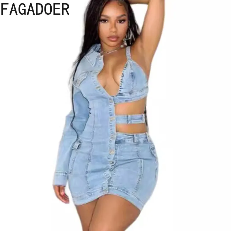 Fagadoer blau Mode eine Schulter Langarm Denim hohle figur betonte Kleider Frauen Knopf schlanke Jean Vestidos sexy Cowboy-Kleidung