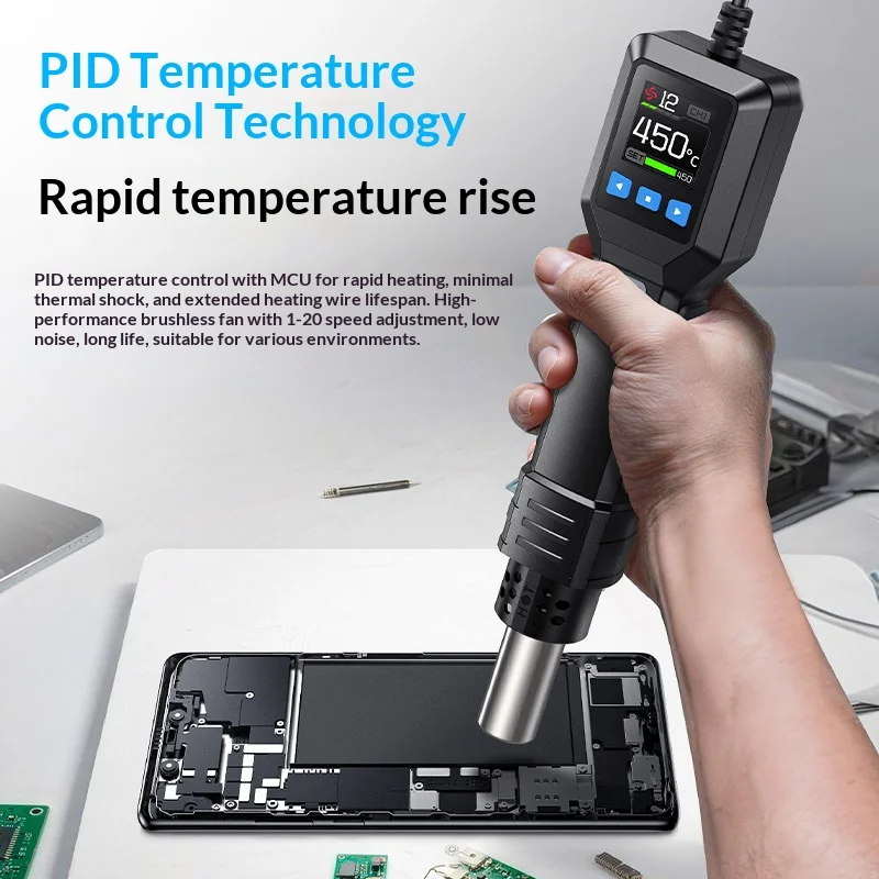 Hot Air Gun 550W PID Temperature Control 100‑450°C Portable Heat Gun for Phone PCB Repair Shrinking Work