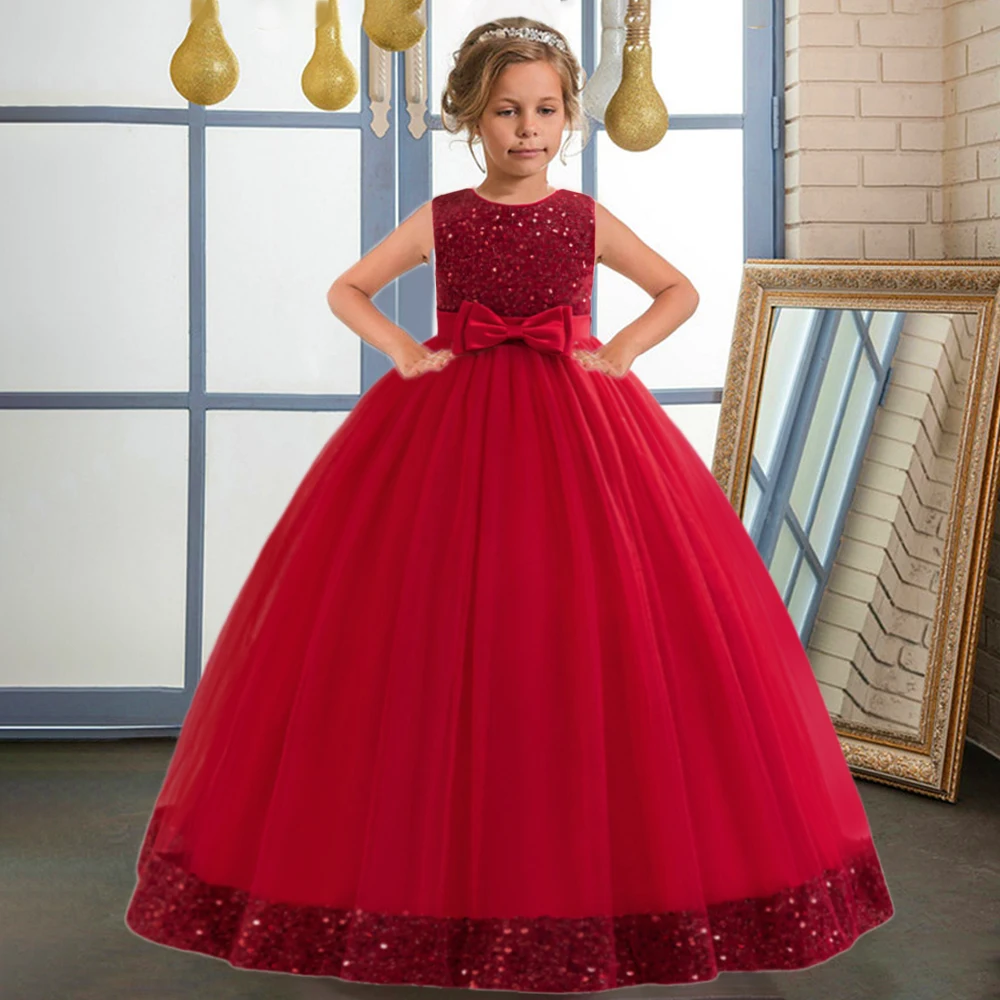 Long Girls Elegant Chiristmas Carnival Party Dress Teen Kids Sequin Shining Princess Gown Girl Bow Vintage Red Clothing Costumes