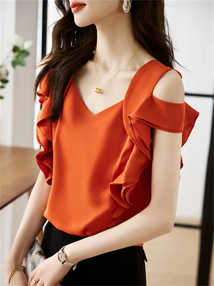 

Versatile oulder Bared f Sve T irt Women's Summer Faionable Lace Trimmed Chiffon Top Commute Sle V Ne Regular...