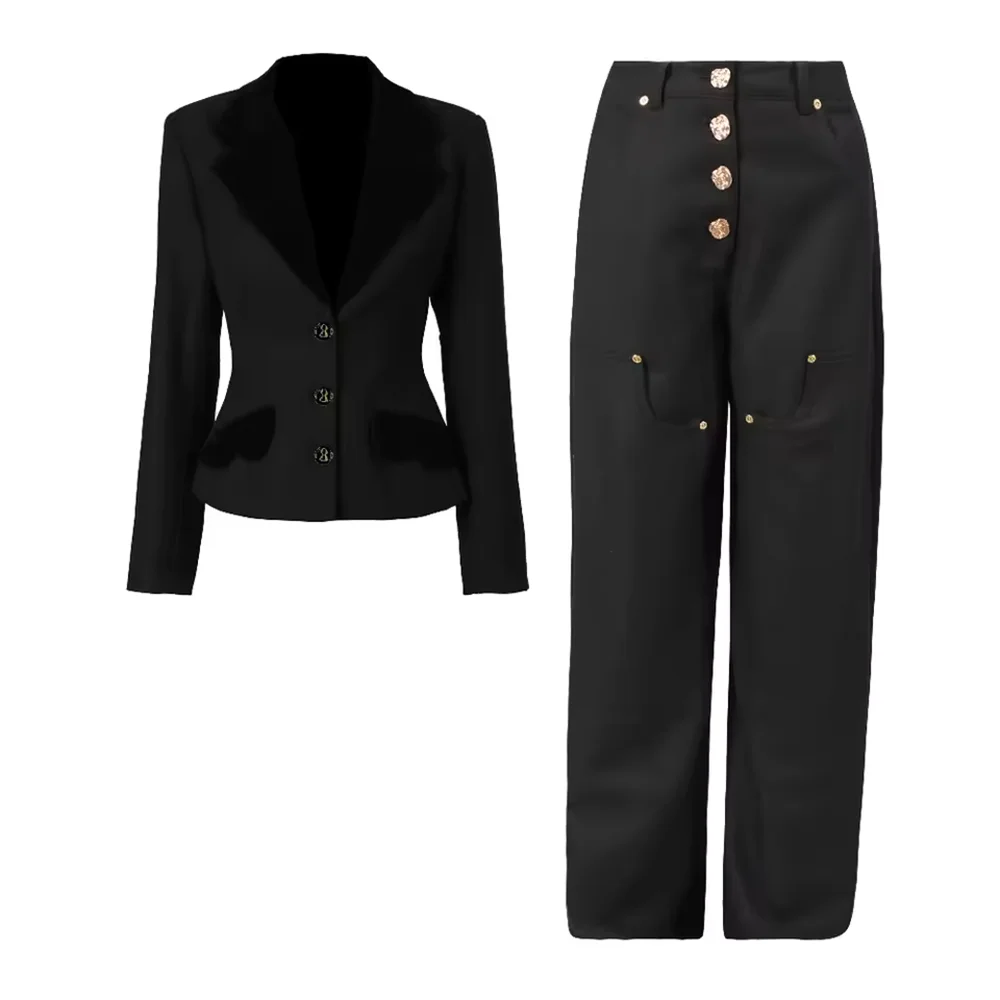 TWOTWINSTYLE Black Spliced Buttons Two Piece Set Female Lapel Long Sleeve Jacket Temperament Women's Trousers Set Fashion New