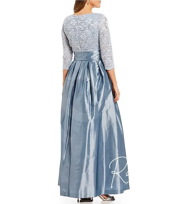 Customized Elegant Blue Satin and Lace Mother of the Bride Gown V-Neckline Long Sleeves Bow Sash Detail Weddings Formal Events