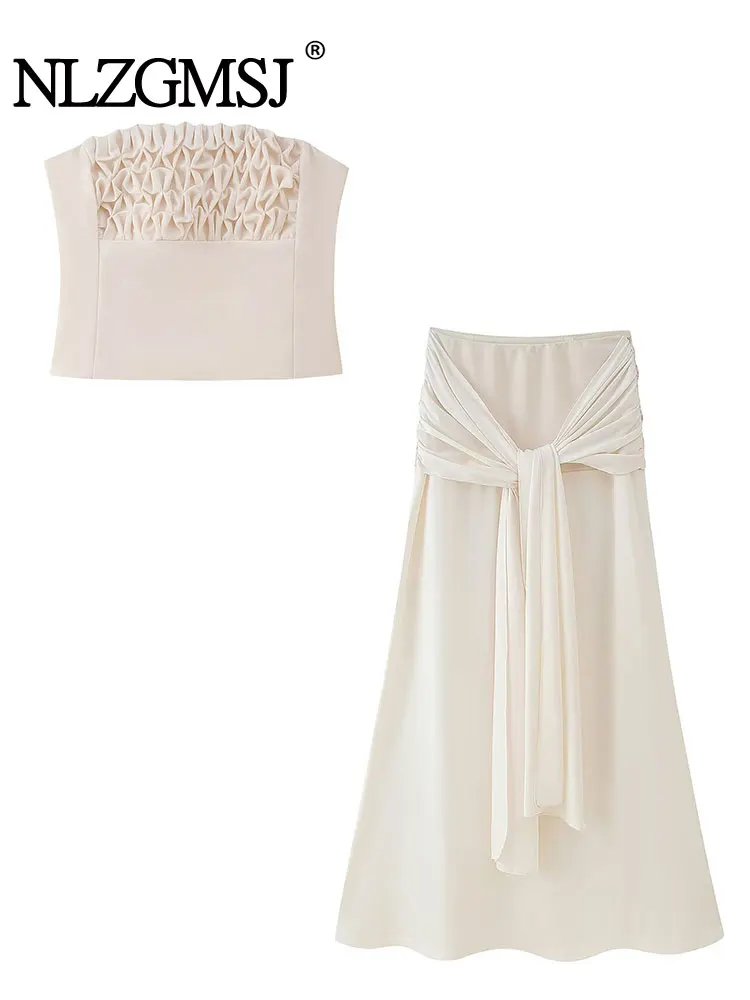 

Summer Flower Decoration Women's Set Solid Long Skirt Sets For Women Pleated Strapless Tops Sets Elegant Woman Outfit