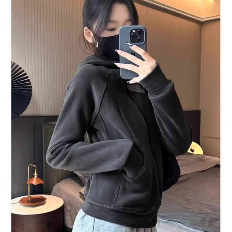 2024 New Women's Slim Fit Hooded Sweatshirt High-End Feel Waist-Fitted Zipper Cardigan Jacket Autumn/Winter Double-Sided Fleece