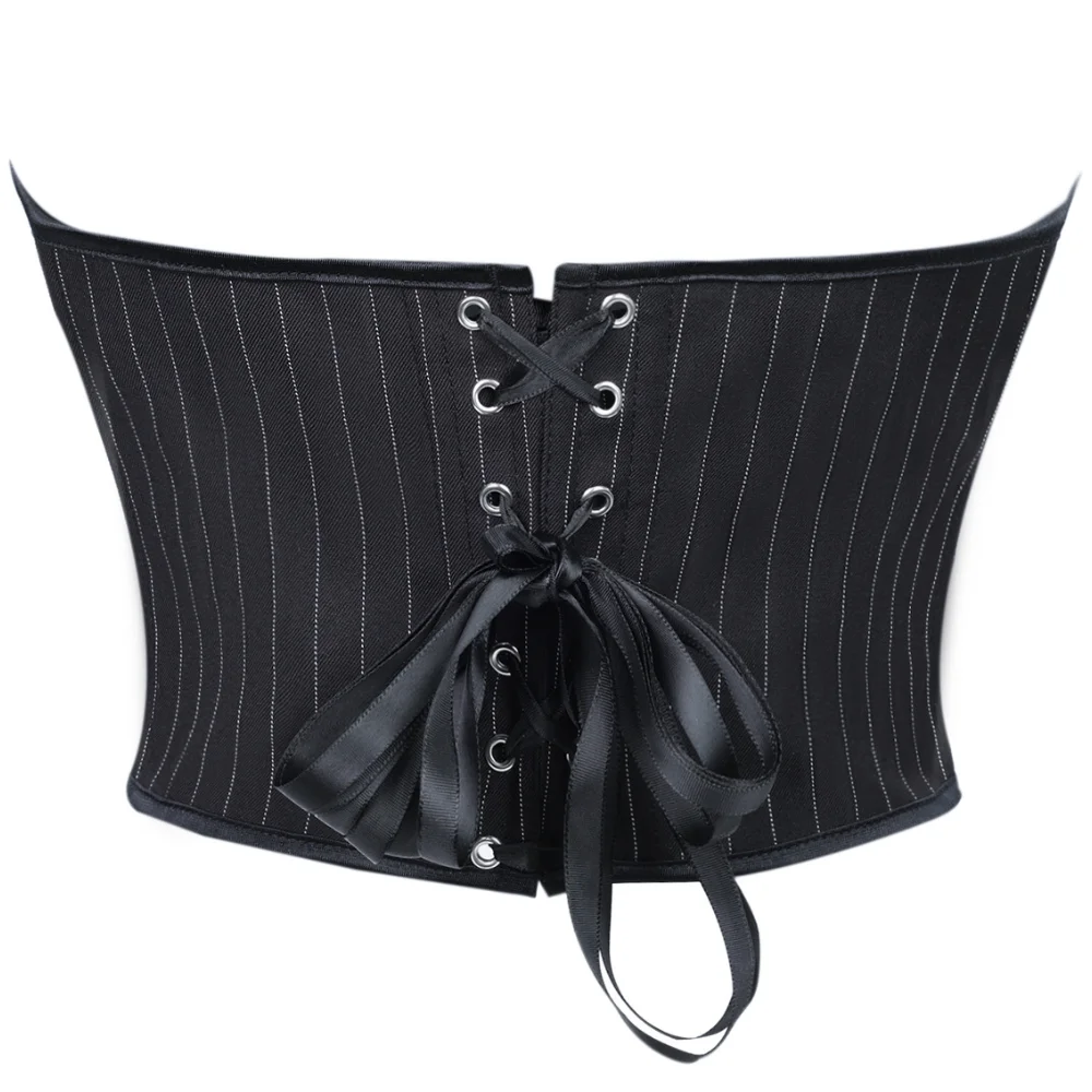 Women Pinstripe Strapless Corset Top Sexy Bustier Back Lace Up Waist Cincher Irregular Hem Party Tube Top
