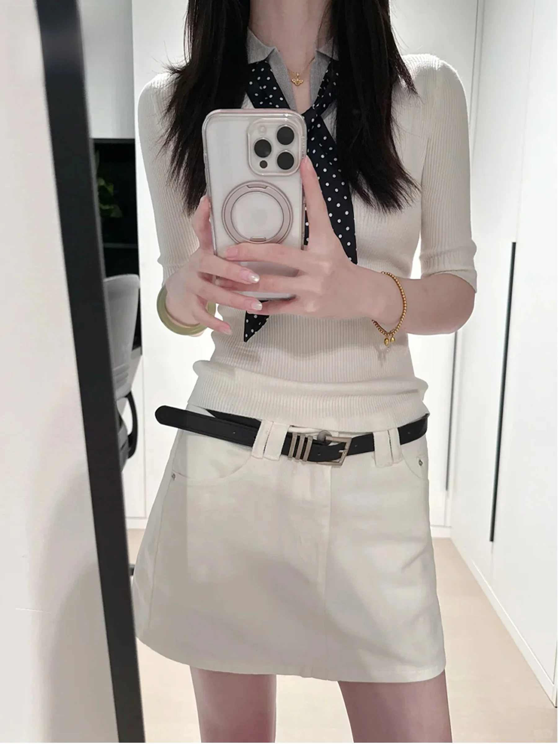 

High Waist A-Line Skirt Women's Denim Style Half Body Skirts Commute Short Skirts Korean Atmosphere White Color New 2026