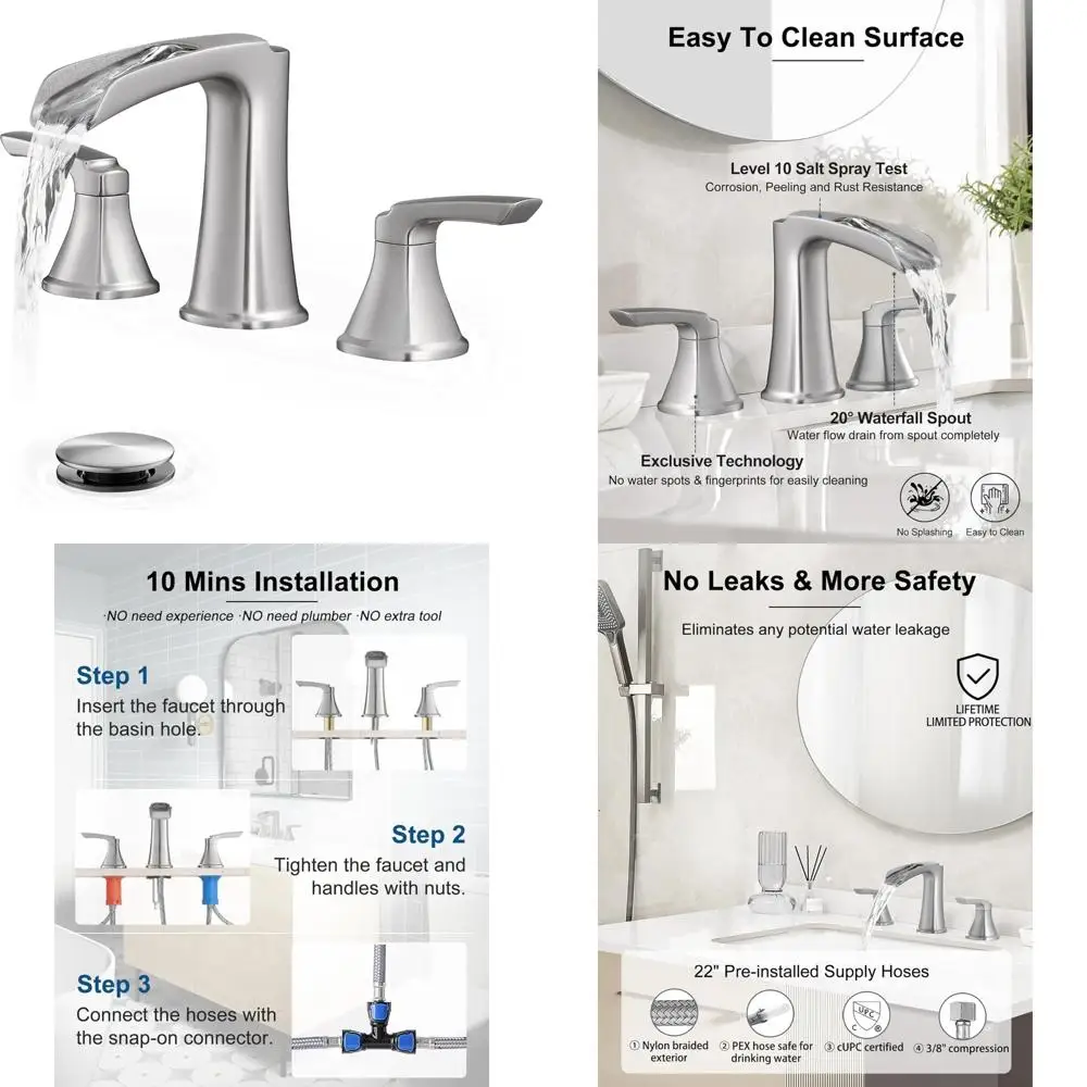 

«Никелевая отделка, широко распространенный водопадный смеситель для раковины в ванной комнате с 3 отверстиями и интервалом 8 дюймов для двойных ручек»