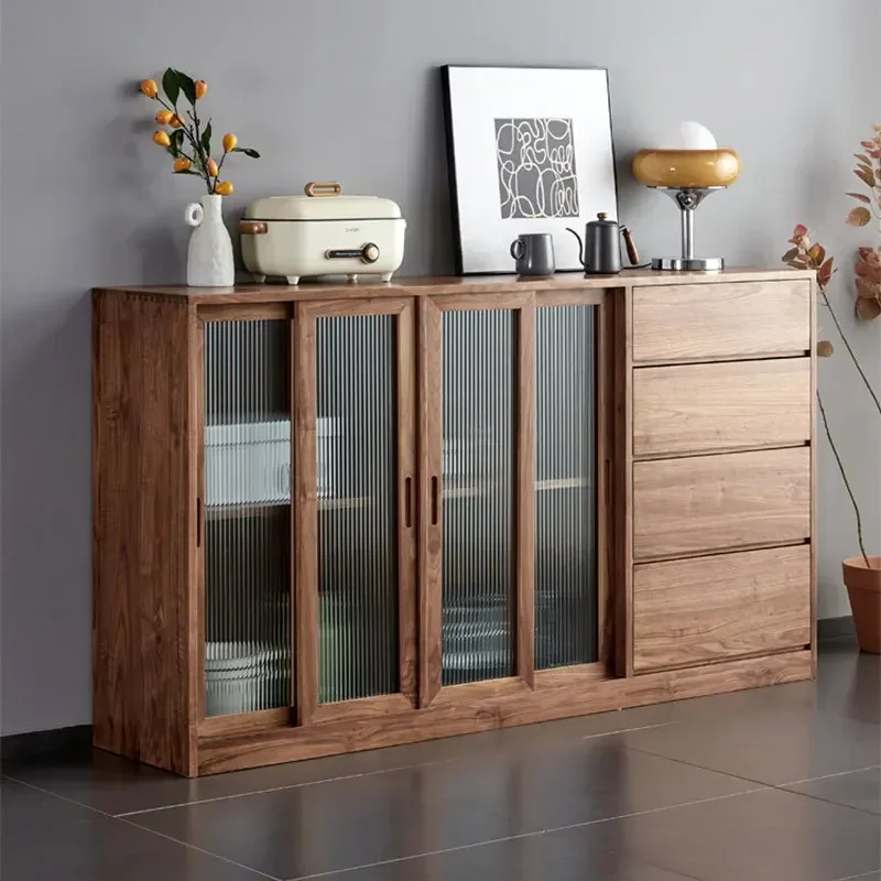 Nordic solid wood black walnut side cabinet modern simple white oak cherry wood side cabinet glass storage wine