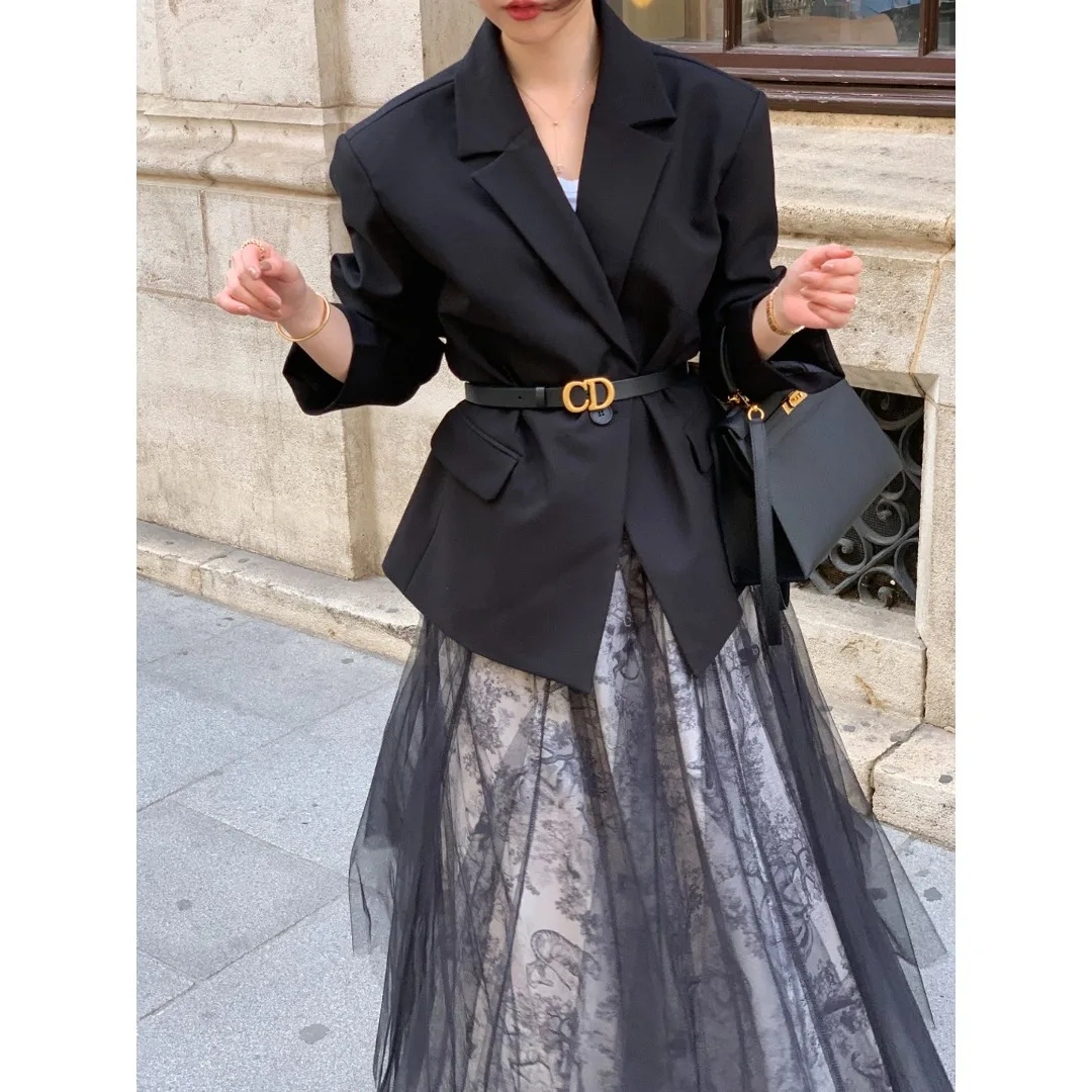 معطف بدلة Retro Ele Small Fraance Sle مع حزام زهري تنورة كورية عادية مقاس متوسط Softn حصريًا عبر الإنترنت #2