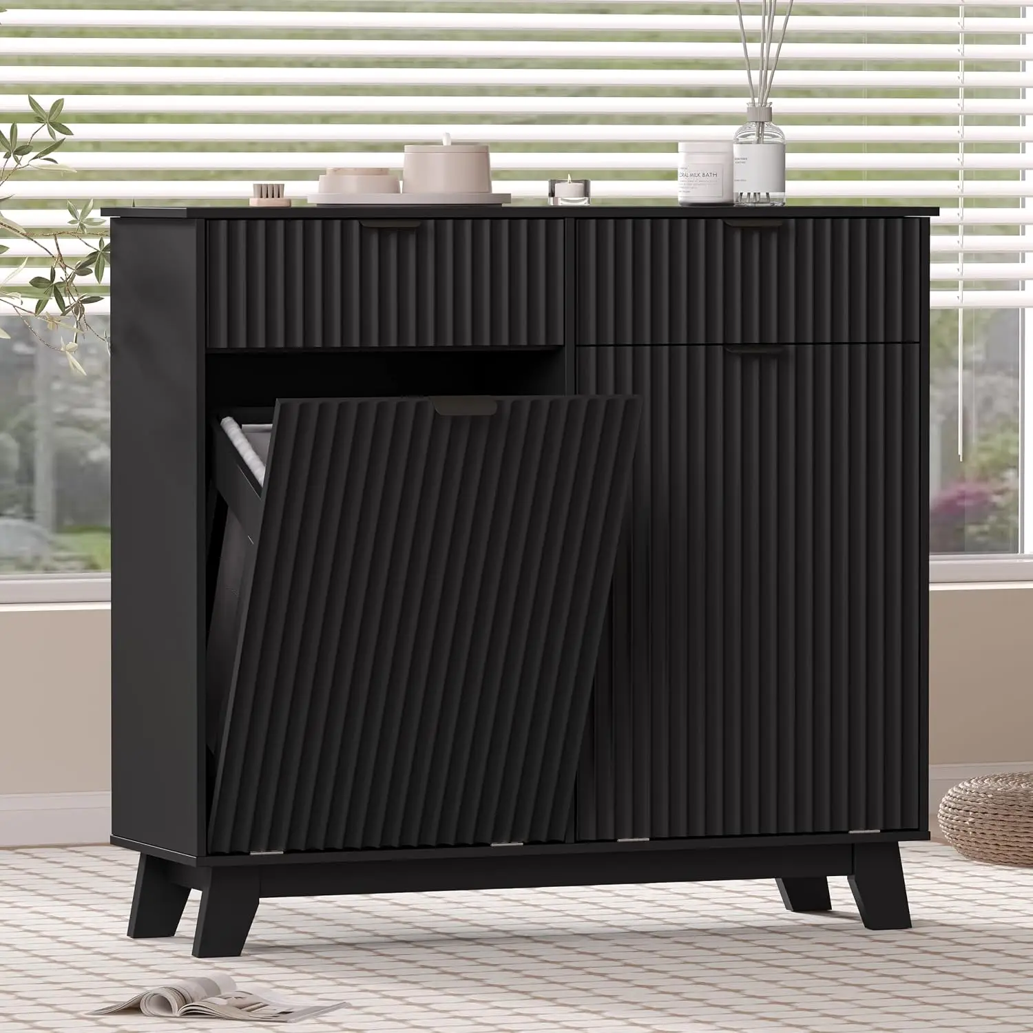 Tilt Out Hamper Cabinet 2 Drawers & Baskets, 20 Gallon Fluted Hidden Trash Can, Farmhouse Wood Storage  Customized