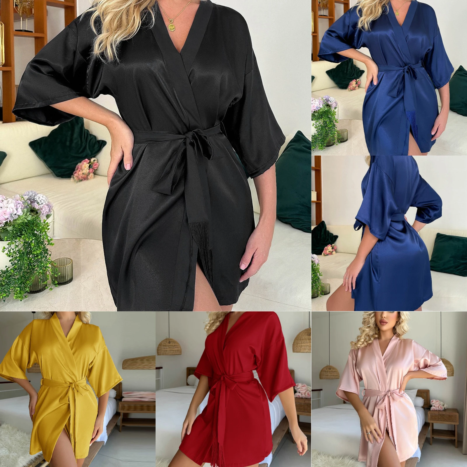 Ladies' Basic Lightweight Pure Color Mid Sleeved Tassel Bathrobe Fashion Soft and Comfortable Skin-friendly Lingerie Homewear